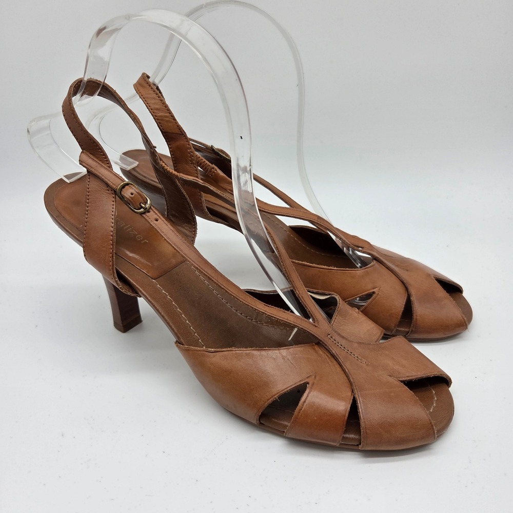 Naturalizer Heels Womens 10M Brown Leather Slingback Peep Toe Sandals 480SN45